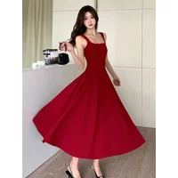 Womens Elegant Solid Dresses Vintage Square Collar Sleeveless Spaghetti Strap A-Line Wedding Party Dress Female Prom Vestidos