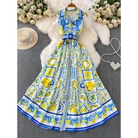 Mature French Niche Vacation Style Sleeveless Lapel Printed Dress for Women Summer Korean Tie Waist A Line Maxi Dress Elegant