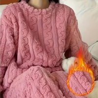 Soft Coral Velvet Jacquard Warm Pajama Set for Women Cozy Loungewear Outerwear for Winter Christmas Valentine's Day Gift