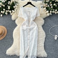 Elegant Sexy sequin Square Collar short sleeve Dress Summer Beach Vacation embroidery Slim Women sweet dresses