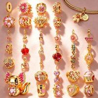 Pink Charm DIY Jewelry Gift Sparkling Golden Cherry Blossom Daisy Flower Family Tree Seahorse Hearts Beads Fit Original Bracelet