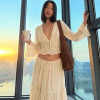 Women's 2-Piece Set Long Sleeve Lace Top & Tiered Maxi Skirt V-Neck Ruffle Elastic Waist Casual Party Beach Vacation Outfit