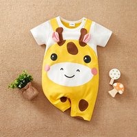 Newborn Baby Unisex Summer Giraffe Ear Fake Suspender Short Sleeve One‑Piece Spandex Stretch Breathable Daily Jumpsuit 0‑18M