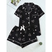Women Pajamas Summer Graffiti Heart Print Pajama Set Open Sleeve Top with Elastic Waist Shorts Comfort Casual Loungewear women