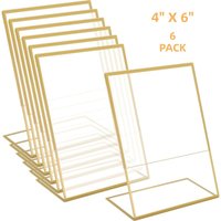 6-Pack 4x6 Gold Picture Frames Clear Frameless Acrylic Self-Standing Photo Frames for Wedding Table Numbers Restaurant Signs Art