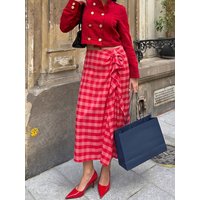 HH Elegant Summer Red Plaid Midi Skirt For Women Chic High Waist Stacked Ruffle Decoration Midi Skirt Female Party Wear