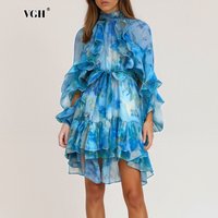 VGH Floral Printing Elegant Mini Dress for Women Stand Collar Lantern Sleeve Spliced Ruffles Edge Temperament Dresses Female New
