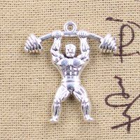 6pcs Charms Muscular Fitness Man Lifting Barbell 31x28mm Antique Silver Color Pendants DIY Making Handmade Tibetan Jewelry