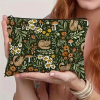 Charming Cat & Floral Mushroom Makeup Bag - Spacious, Double-Sided Design with Zipper | Perfect for Travel & Gifts