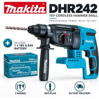Makita DHR242 18V LXT – profesjonalna, akumulatorowa wiertarko-wkrętarka z funkcją młotkowania, bezszczotkowa, z końcówką SDS Plus 24 mm do wiercenia w betonie, 4700 uderzeń na minutę, 2,0 J, 3 tryby