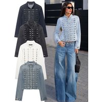 HH Vintage Women's Cropped Denim Jacket Long Sleeve Button Decoration Slim Coat Female Elegant Military Style Denim Streetwear