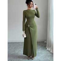 Elegant Bodycon Maxi Dresses Long Sleeve Crew Neck Metal Buckle Waist Ruched High Split Evening Party Dress