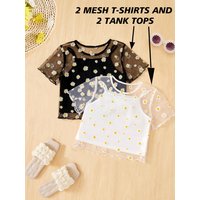 Comfy Kids Girls 4-Piece Summer Set, Breathable Daisy Print Mesh Tops & Tank Tops for Casual & Vacation