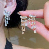 Elegant Silver Needle Minimalist Zircon Water Drop Tassel Earrings Casual Simple Stylish Trendy Niche High End Earrings