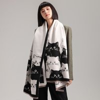 Cute Cat Imitation Cashmere Scarf Thick Warmth Coldproof Pashmina Scarf Jacquard Pattern Double Sided Print Women Cloak