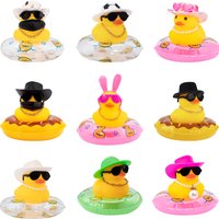 Car Rubber Duck, Yellow Duck Decoration Dashboard with Sun Hat Swim Ring Necklace Sunglasses for Car Dashboard Decorations