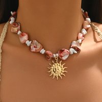Pink Irregular Stone Bead Choker Necklace Gold Sun Pendant Boho Beach Summer Trendy Jewelry for Women