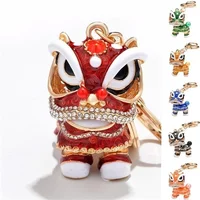 Chinese Style hanging Lion Dance Keychain Ancient Mascot Key Chains Fashion Crystal Animal Keyring Enamel Key Ring
