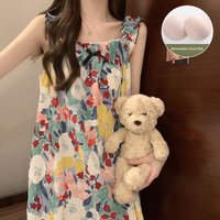 Pure Cotton Summer Women's Nightgown with Chest Pad Strap Sleepwear Home Clothes Knot Mid-Length Floral Print