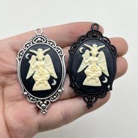 2Pcs Gothic Baphomet Cameo Charms Antique Silver Black Oval Frame Devil Wing Moon Pendant Charms DIY Jewelry Making Supplies For