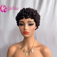 Premium Natural Black Curly Wave 100% Human Hair Full Machine Short Pixie Cut Wig for Women 6'' Remy Hair Glueless Wigs
