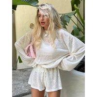 Tossy Casual White 2 Piece Set Women Summer Lounge Wear Loose Long Sleeve Pullover Top And High Waist Shorts Beach Outfits 2026
