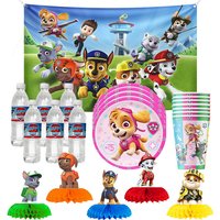 PAW PATROL Themed Paper Cup Straws Spiral Water Bottle label Honeycombs Backdrop for Birthday Party Supplies Tableware Set Kit