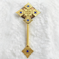 New Byzantine Gold Hand Cross with Blue Red Gems Orthodox Priest Blessing Cross Metal Ornate Crucifix Altar Tools Christian Gift