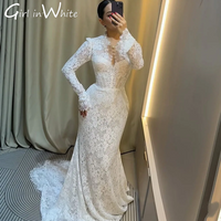 V-Neck Lace Mermaid Wedding Dresses Full Sleeves Long Elegant Buttons Back Bridal Gowns Customize فستان الزفاف