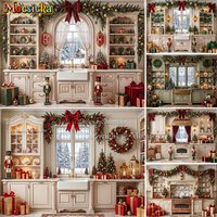 Mocsicka White Christmas Kitchen Backdrop Photography Nutcracker Garland Wreath Gift Window Background Xmas Family Photo Studio