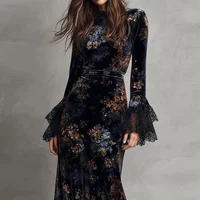 BWQ Retro Floral Print Velvet Long Dresses Woman Sexy O Neck High Waist Evening Dress Autumn Long Sleeve Spliced Lace Maxi Dress