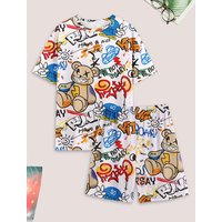 Men's casual pajama set, bear and letter printed T-shirt and shorts, comfortable summer sleepwear