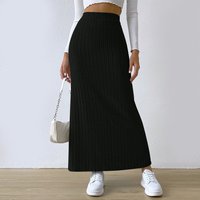 Solid Color Long Skirt Striped High Waist Knitted Maxi Skirt for Women Warm Slim Fit Ankle Length Sheath Skirt with Split Hem