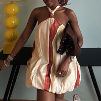 Fashion Ladies Sleeveless Commuting Dress Casual Hollow Backless Pleated Mini Dress Striped Printed Banquet Short Dress