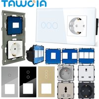 TAWOIA Switch With Socket Glass Panel Parts Touch Switch 1/2/3 Gang 1/2 Way Function Parts EU UK FR RU Electrical Sockets Part