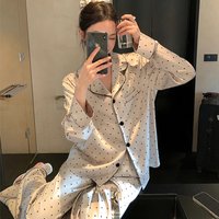 French High Sense of Sleepwear Women Spring and Fall New Simple Polka Dot Long-Sleeved Long Pants Ice Silk Homewear Fashion Suit