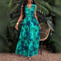 Long Dress Women Dresses V Neck Print Sleeveless A Line Vestidos Elegant Party Night Y2k Streetwear Elastic Waist Work Summer