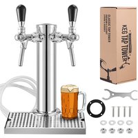 Draft Beer Tower,Dual Faucet Tap Kegerator Tower,3'' Dia. Stainless Steel Column Beer Dispenser with Hose,Wrench,Brewing Bar Kit