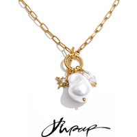 Yhpup Stainless Steel Zirconia Baroque Pearl Drop Necklace for Women Arrivals Unique Chic Neck Jewelry Recommend