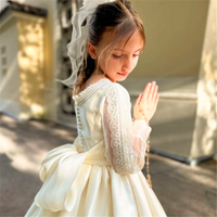 Elegant Long-sleeved Tulle Lace Printing Flower Girl Dress Princess Ball First Communion Dresses Kids Surprise Birthday Present