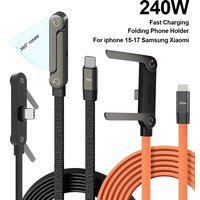 240W 2 in 1 Fast Charging Foldable Bracket Data Cable Stand Type C to Type-C OTG Data Wire For iphone 15 16 17 Samsung Xiaomi