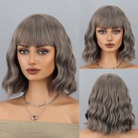 HAIR Natural Brown Synthetic Curly Wavy Bob Wig with Bangs for Women