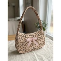 Trendy Y2K Leopard Print & Pink Bow Shoulder Bag, Retro Corduroy Underarm Bag