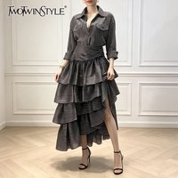 TWOTWINSTYLE Ensembles deux pièces élégants à rayures pour femmes, haut à col à revers et manches longues, jupe irrégulière taille haute, ensembles féminins