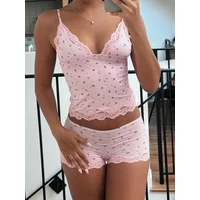 Women Two-pieces Pajamas Set Pink Floral Lace Patchwork Sleepwear Sleeveless Camisoles and Slim Cute Shorts Loungewear
