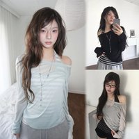 Y2K Damen Zweiteiler Gestreiftes Off-Shoulder Langarm-T-Shirt + Neckholder-Cami-Top Lässiges Schmales Layered-Oberteil Streetwear Sommer 2026
