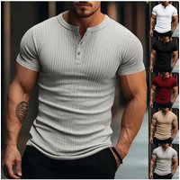 Mens Sprg Summer Casual Solid Color Ribbed T Shirt Knitted Short Sleeve Tees Vtage Button-up Henley Collar T-shirts For