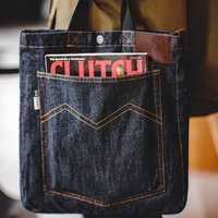 Maden Retro 14oz Denim Shoulder Crossbody Bag with Denim Embroidery Large Capacity Portable Flat Tote Bag for Men's Daily
