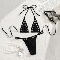 2026 New Ins French Sexy Metal Ring Bikini Set Halter Push Up Vintage Low Waist Solid Women Beach Swimwear Bathing Suit