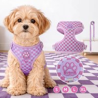 Plaid Dog Harness and Leash Set, Fashion Pet Harness Vest with Matching Lead, Adjustable Breathable Nylon Puppy Walking Kit